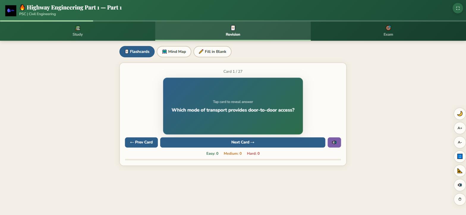 Flashcards, Mind Map and Fill in the Blank — with the card counter and your own easy/medium/hard rating underneath.
