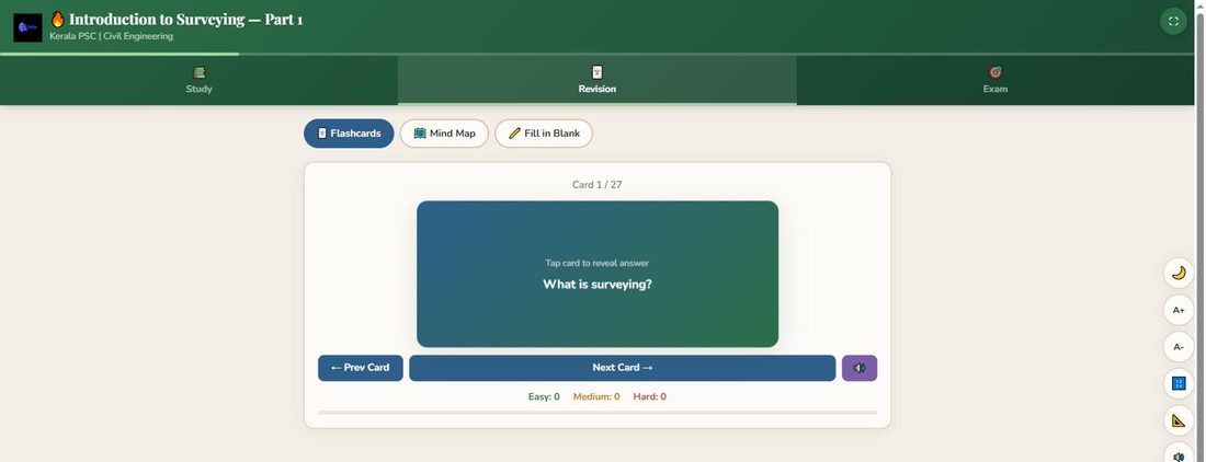 Inside a Surveyor Smart Lesson: 27 flashcards per topic, plus Mind Map