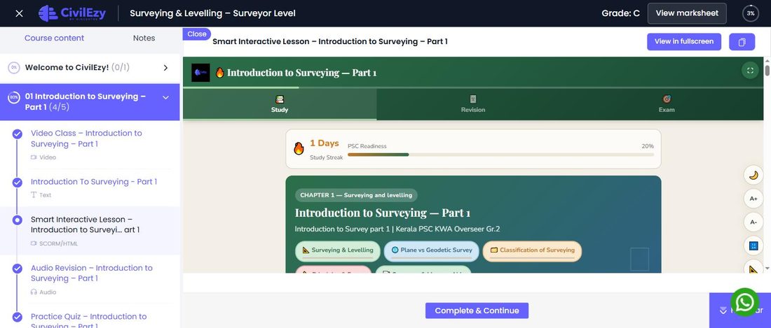 The lesson player in Surveying & Levelling — Video Class, Audio Re
